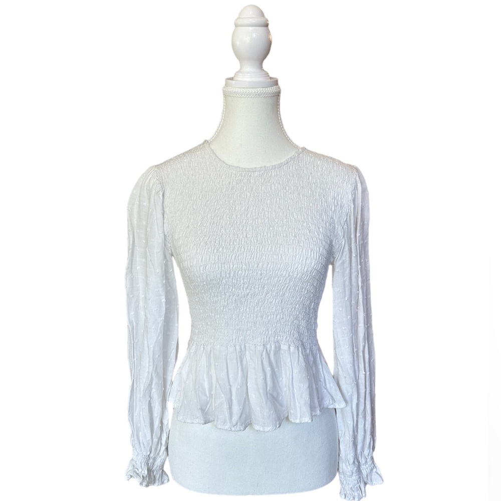 Glam White smocked ruffle hem top